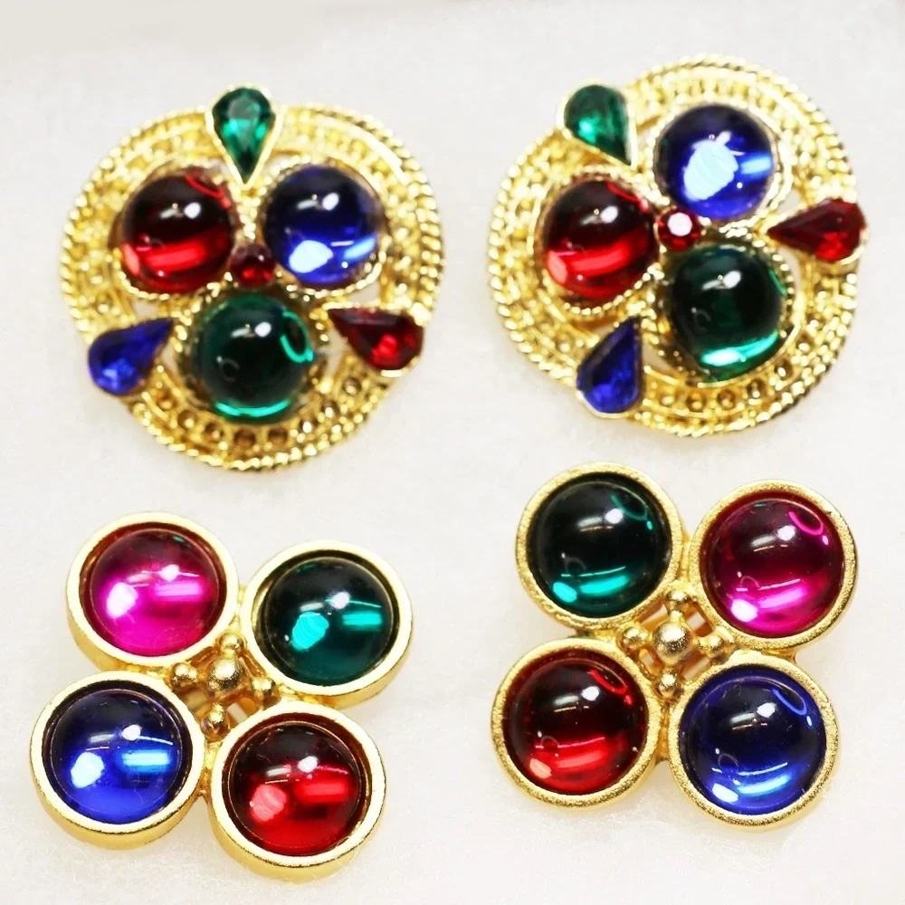 Earrings ~ Gold w/ Colorful Round Cabochons & Teardrop Crystals Clip-on Vintage